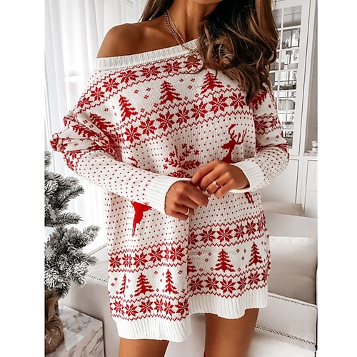 Women's Christmas Sweater Dress Round Neck Long Sleeve Red