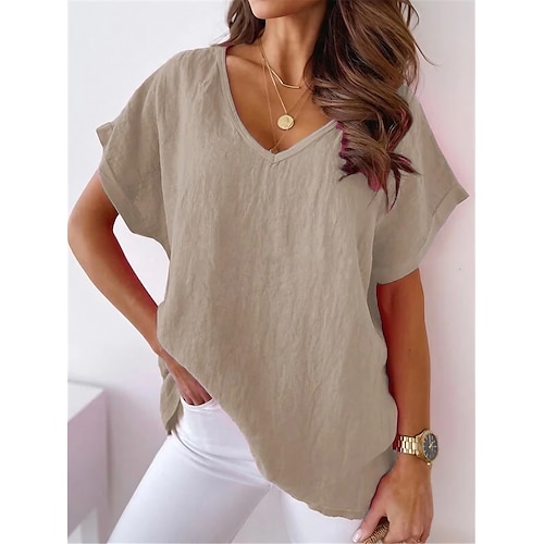 

Damen Hemd Bluse Weiß Blau Khaki Glatt Kurzarm Täglich V Ausschnitt Standard Lockere Passform S