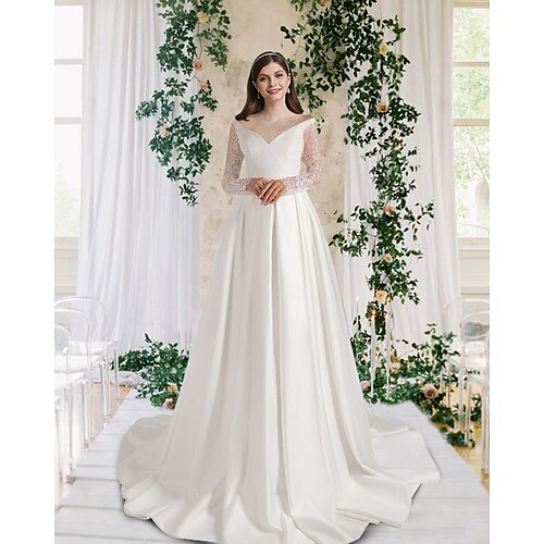 

A-Line Wedding Dresses V Neck Court Train Lace Satin Long Sleeve Romantic Simple with 2022