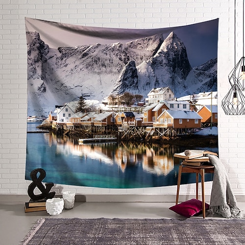 

landskap stor vegg billedvev kunst dekor teppe gardin hengende hjem soverom stue dekorasjon polyester innsjø fjell snø