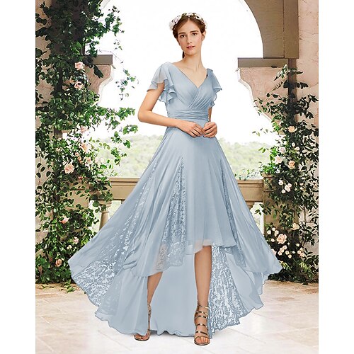 

A-Line Bridesmaid Dress V Neck Short Sleeve Elegant Floor Length Chiffon / Lace with Pleats 2022