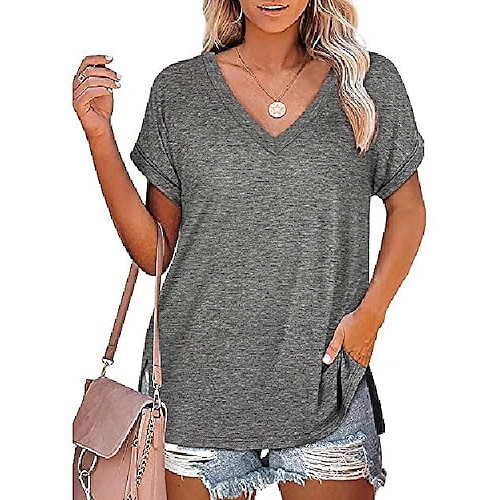 

womens v neck short sleeve tops summer loose fit side slit solid flowy t shirts basic tees grey