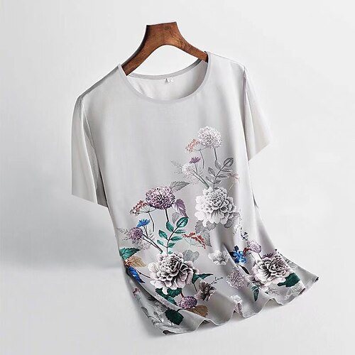 

Women's Plus Size Tops T shirt Tee Floral Half Sleeve Round Neck Casual Daily Polyester Spring Summer Gray Pink / Loose Fit