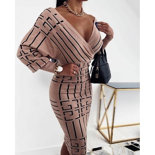 

Women's Sheath Dress Midi Dress Brown stripes Brown plaid Black Long Sleeve Fall Spring V Neck Party Winter Dress Wedding Guest S M L XL XXL