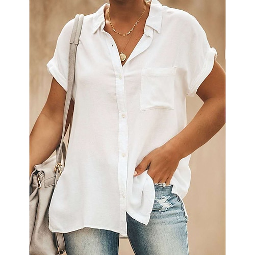 

Women's Plus Size Tops Blouse Shirt Plain Pocket Short Sleeve Shirt Collar Basic Work Daily Cotton Spring Summer Pink Yellow