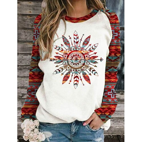 

Women's Sweatshirt Pullover Streetwear Sportswear Ethnic Print White Print Loose Fit Daily Round Neck Long Sleeve S M L XL XXL