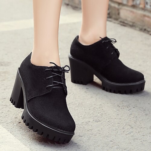 

Women's Oxfords Lace-up Chunky Heel Round Toe PU Lace-up Solid Colored Black