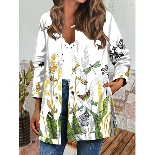 

Women's Jacket Casual Jacket Daily Holiday Winter Autumn / Fall Regular Coat Round Neck Regular Fit Casual Jacket Long Sleeve Floral Print White Blue