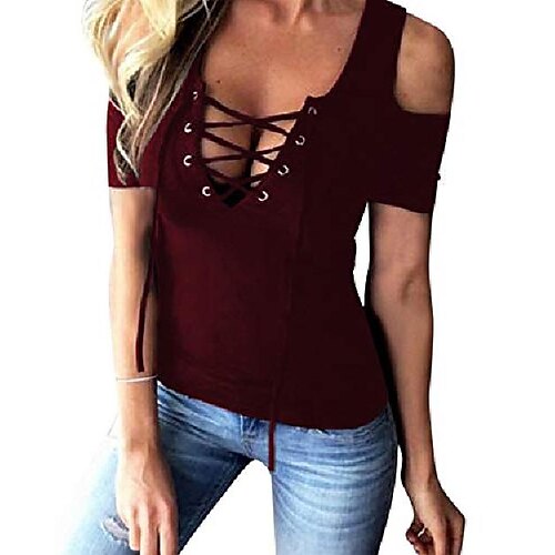 

women cold shoulder tops summer t shirts v neck sleeveless vest sexy lace up blouse casual tank