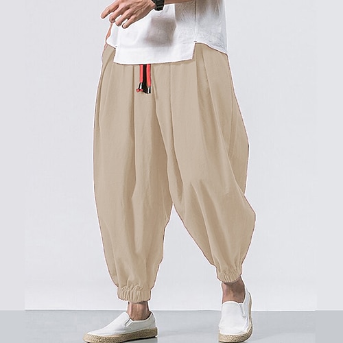 

Men's Linen Pants Trousers Summer Pants Plain Comfort Breathable Full Length Daily Beach Yoga Basic Casual Loose Fit ArmyGreen Black Micro-elastic