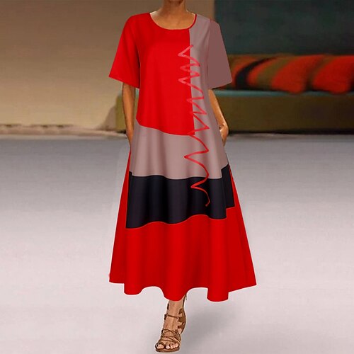 

Women's Casual Dress Swing Dress Midi Dress Khaki Red Gray Short Sleeve Geometric Print Spring Summer Crew Neck Loose Fit 2022 S M L XL XXL 3XL 4XL 5XL