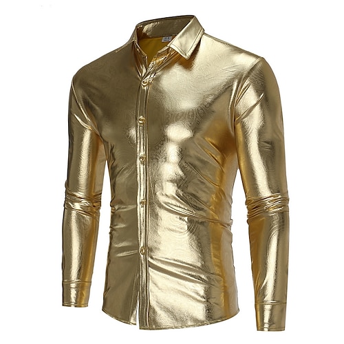 

Men's Party Shirt Regular Fit Long Sleeve Turndown Solid Color Polyester Black Silver Gold 2022
