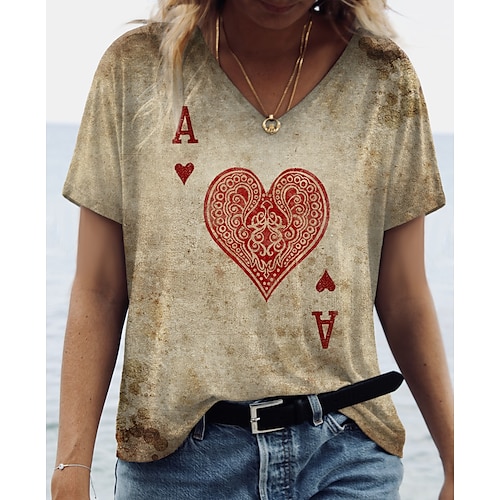 

Women's T shirt Tee Graphic Patterned Heart Daily Weekend Painting T shirt Tee Short Sleeve Print V Neck Basic Essential Vintage Brown S / 3D Print