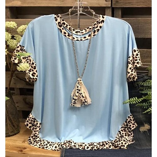 

Women's Plus Size Tops T shirt Tee Color Block Leopard Short Sleeve Round Neck Comfortable Causal Daily Cotton Spring Summer Light Blue Tie-dye blue