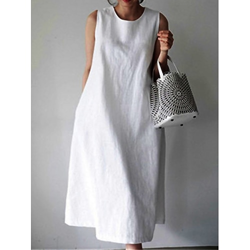 

Women's Casual Dress Linen Dress Shift Dress Long Dress Maxi Dress White Sleeveless Pure Color Spring Summer Crew Neck Loose Fit Boom Sale Dress S M L XL XXL XXXL