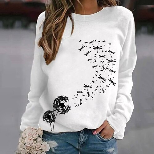 

Mujer Camiseta Negro Blanco Rojo Graphic Diente de león Estampado Manga Larga Casual Diario Básico Escote Redondo Regular Flor Pintura S