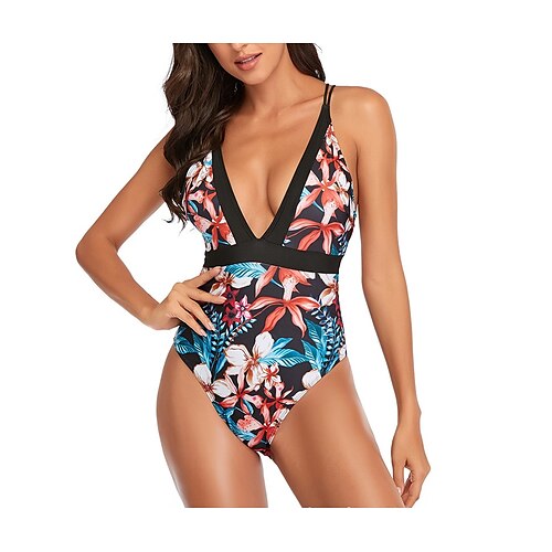 

Women's One Piece Swimsuit Back Cross Bodysuit Bathing Suit Floral Swimwear Blue UV Sun Protection Breathable Quick Dry Sleeveless - Swimming Surfing Beach Summer / Nylon / Elastane / High Elasticity