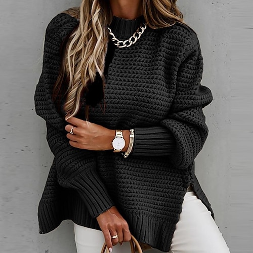 

Women's Pullover Sweater Jumper Split Knitted Solid Color Stylish Basic Casual Long Sleeve Sweater Cardigans Round Neck Fall Winter Black Gray Red / Chunky / Going out / Loose