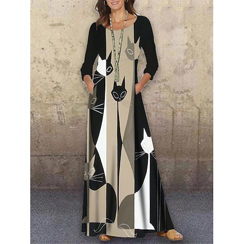 

Women's Shift Dress Long Dress Maxi Dress Black 3/4 Length Sleeve Animal Print Winter Fall Autumn Crew Neck S M L XL XXL 3XL