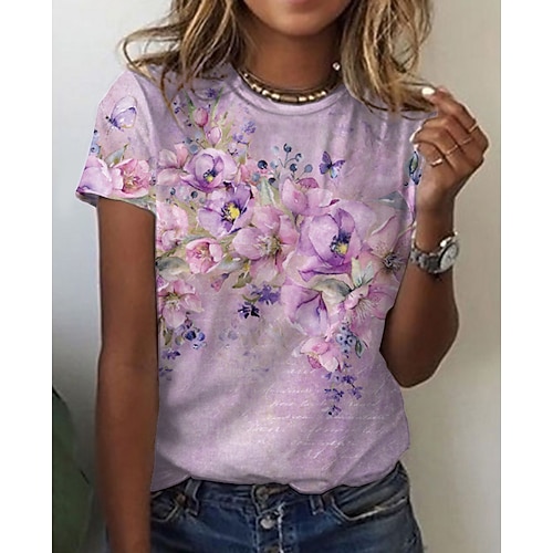 

Women's T shirt Tee Pink Graphic Floral Print Short Sleeve Daily Weekend Basic Round Neck Regular Abstract Painting S / 3D Print