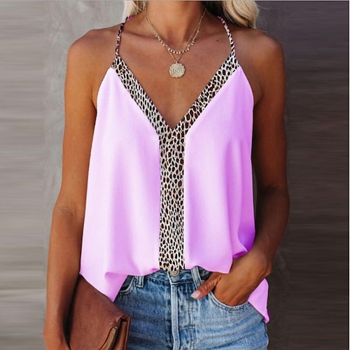 

Women's Camisole Tank Top Vest Blue Pink White Leopard Lace Print Sleeveless Holiday Weekend Streetwear V Neck Regular S