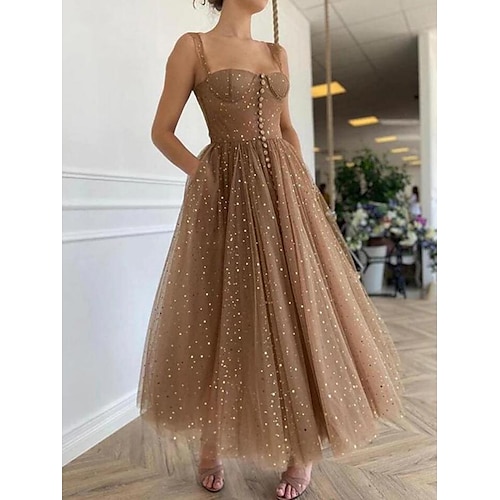 

A-Line Evening Dresses Elegant Dress Homecoming Ankle Length Sleeveless Spaghetti Strap Lace with Pleats Ruched 2022 / Prom / Formal Evening