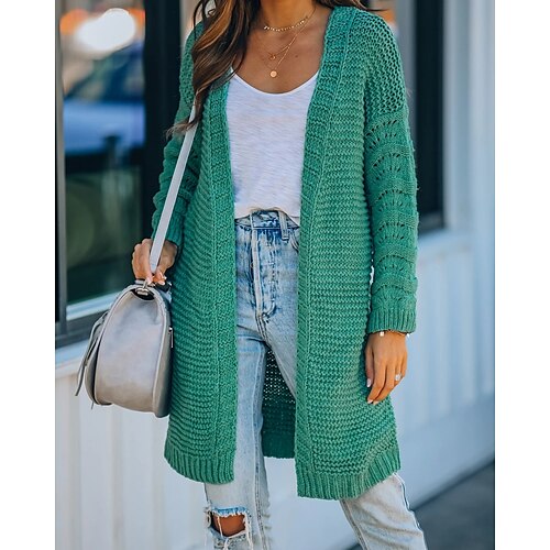 

Women's Cardigan Sweater Jumper Crochet Knit Hollow Out Knitted Solid Color V Neck Casual Daily Holiday Drop Shoulder Winter Fall Green Orange S M L / Long Sleeve / Loose Fit