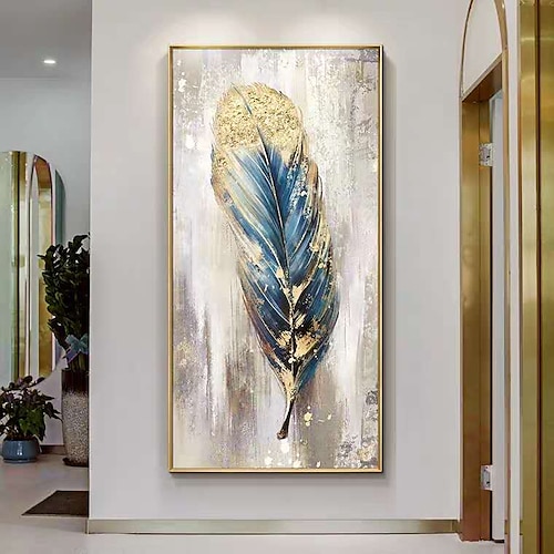 

handgemachte ölgemälde leinwand wandkunst dekoration blaue und goldene feder für wohnkultur gespannter rahmen hängende malerei 6090cm/70100cm