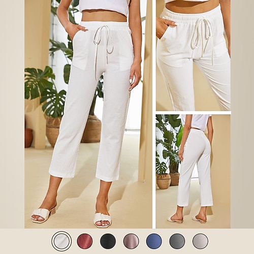 

Women's Basic Essential Jogger Pants Daily Inelastic Plain Mid Waist White Black Blue Red Wine khaki S M L XL 2XL / Wash separately / select two sizes larger than usual