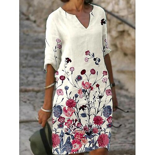 

Women's Shift Dress Midi Dress Green Black Purple Half Sleeve Floral Print Fall Spring Autumn V Neck Classic Loose Fit S M L XL XXL 3XL