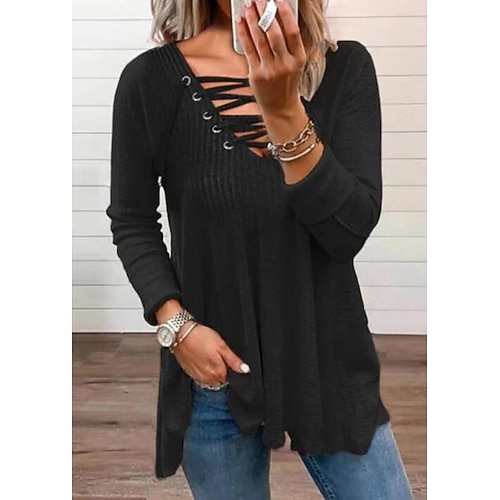 

Women's Blouse Shirt Tunic Black Plain Drawstring Flowing tunic Long Sleeve Daily Weekend Basic Streetwear V Neck Regular S