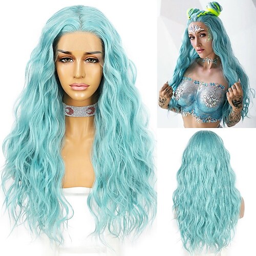 

132.5 Blue Color Natural Water Wave Lace Front Wig for Women Heat Resistant Fiber Cosplay Makeup Party Wigs