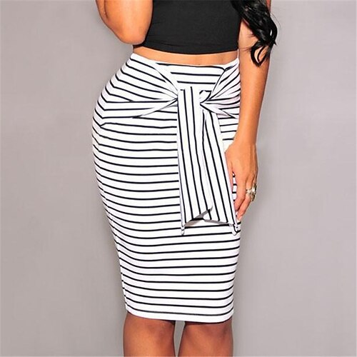 

Women's Pencil Bodycon Knee-length Polyester White Skirts Summer Drawstring Print Without Lining Basic Streetwear Casual Daily Weekend S M L / Slim