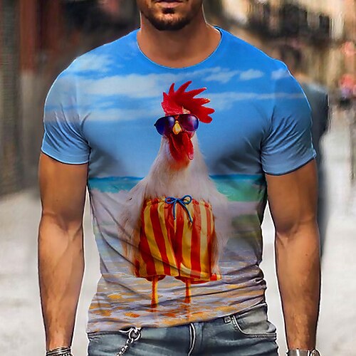 

Men's Unisex T shirt Tee Shirt Tee Graphic Prints Chicken Crew Neck Blue 3D Print Daily Holiday Short Sleeve Print Clothing Apparel Designer Casual Big and Tall / Summer / Summer