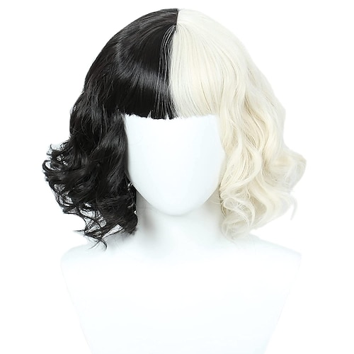 

Cruella Deville Wig Black and White Wig Linfairy Half Light Blonde and Black Wig Cosplay Wigs for Women