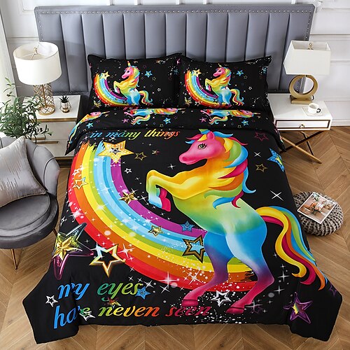 

Funda de edredón de unicornio arcoíris para niñas, juego de cama para niños, tamaño doble, dibujos animados, lindas estrellas, juego de funda de edredón, juego de funda de edredón negro brillante con