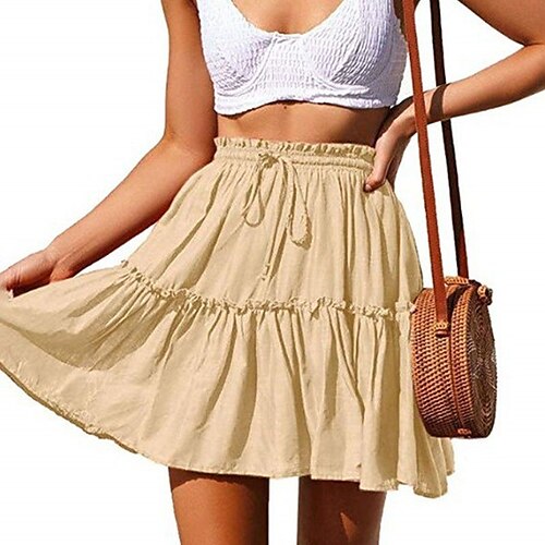 

Women's Skirt Above Knee Polyester Green Wine Orange Beige Skirts Summer Pleated Ruffle Drawstring Without Lining Basic Streetwear Holiday Vacation S M L / Loose Fit