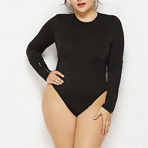 

Women's Plus Size Bodysuit Patchwork Solid Colored Long Sleeve Basic Fall Black Red White XL XXL 3XL 4XL 5XL