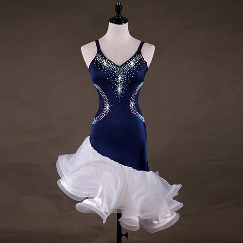 

Latin Dance Dress Rhinestone Women's Training Performance Sleeveless Natural Chinlon Organza Tulle