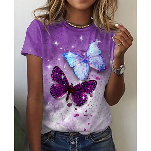 

Women's T shirt Tee Green Blue Purple Animal Butterfly Print Short Sleeve Daily Weekend Basic Vintage Round Neck Regular Abstract Butterfly Painting S / 3D Print