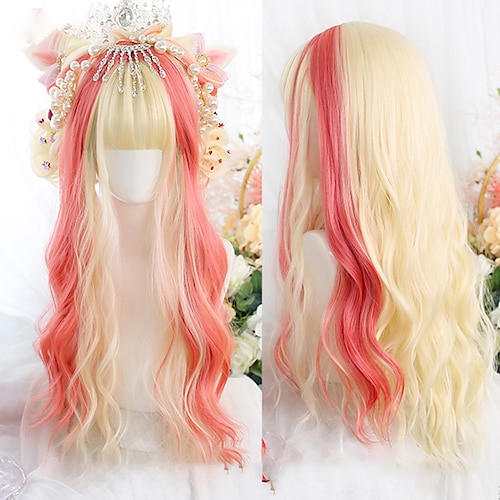 

Long Ombre Colorful Synthetic Cosplay Lolita Harajuku Wig with Bangs Natural Wavy Wigs Pink Purple Blue Daily Wigs