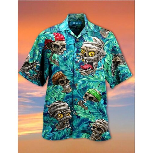 

Men's Shirt Summer Hawaiian Shirt Graphic Shirt Skull Turndown Blue 3D Print Holiday Short Sleeve 3D Print Clothing Apparel Designer Hawaiian