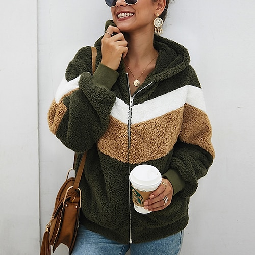 

Women's Teddy Coat Sherpa jacket Fleece Jacket Hoodie Jacket Street Daily Going out Fall Winter Regular Coat Loose Fit Windproof Warm Active Streetwear Sporty Jacket Long Sleeve Color Block Pocket