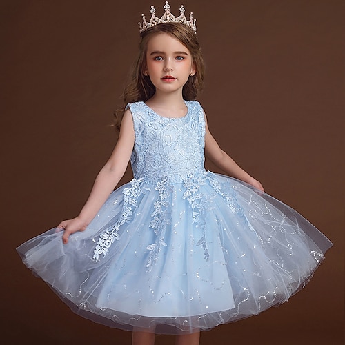 

Kids Girls' Dress Floral Sleeveless Party Lace Mesh Cute Princess Polyester Midi Summer 3-12 Years Light Blue