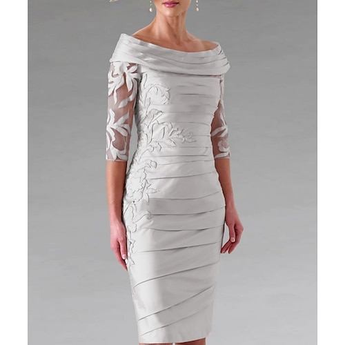 

Sheath / Column Mother of the Bride Dress Elegant Off Shoulder Knee Length Taffeta Half Sleeve with Appliques Ruching 2022
