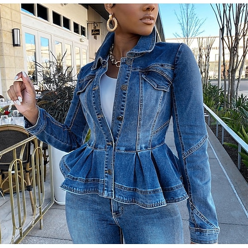 

Women's Jacket Denim Jacket Regular Modern Style Denim Coat Casual Causal Fall V Neck Slim S M L XL 2XL / Solid Color