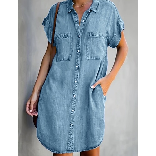 

Women's Denim Shirt Dress Short Mini Dress Light Blue Short Sleeve Solid Color Pocket Spring Summer Shirt Collar Hot Casual 2022 S M L XL XXL