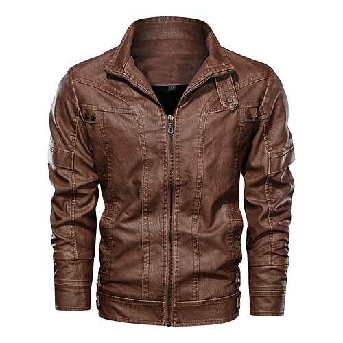 

Men's Hiking PU Faux Leather Jacket Zip-Up Motorcycle Jacket Bomber Jacket Lightweight Breathable Stand Collar Outwear Vintage Coat Top Camping Biker Casual Fishing Climbing