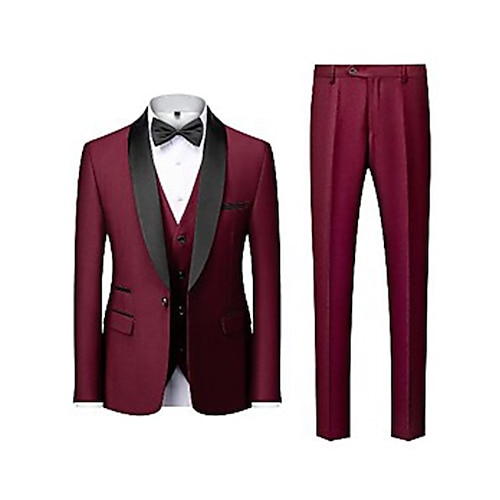 

Dark Grey Black Burgundy Men's Party / Evening Tuxedos 3 Piece Shawl Collar Textured Tailored Fit Single Breasted One-button 2022