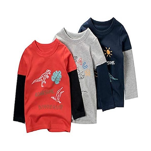 

Børne Drenge T-shirt Kortærmet Tegneserie Dinosaurus Dyr 3619B broderi 3619A Noble Blue 3619C blomst grå Bomuld Børn Toppe Tegneserie Skole